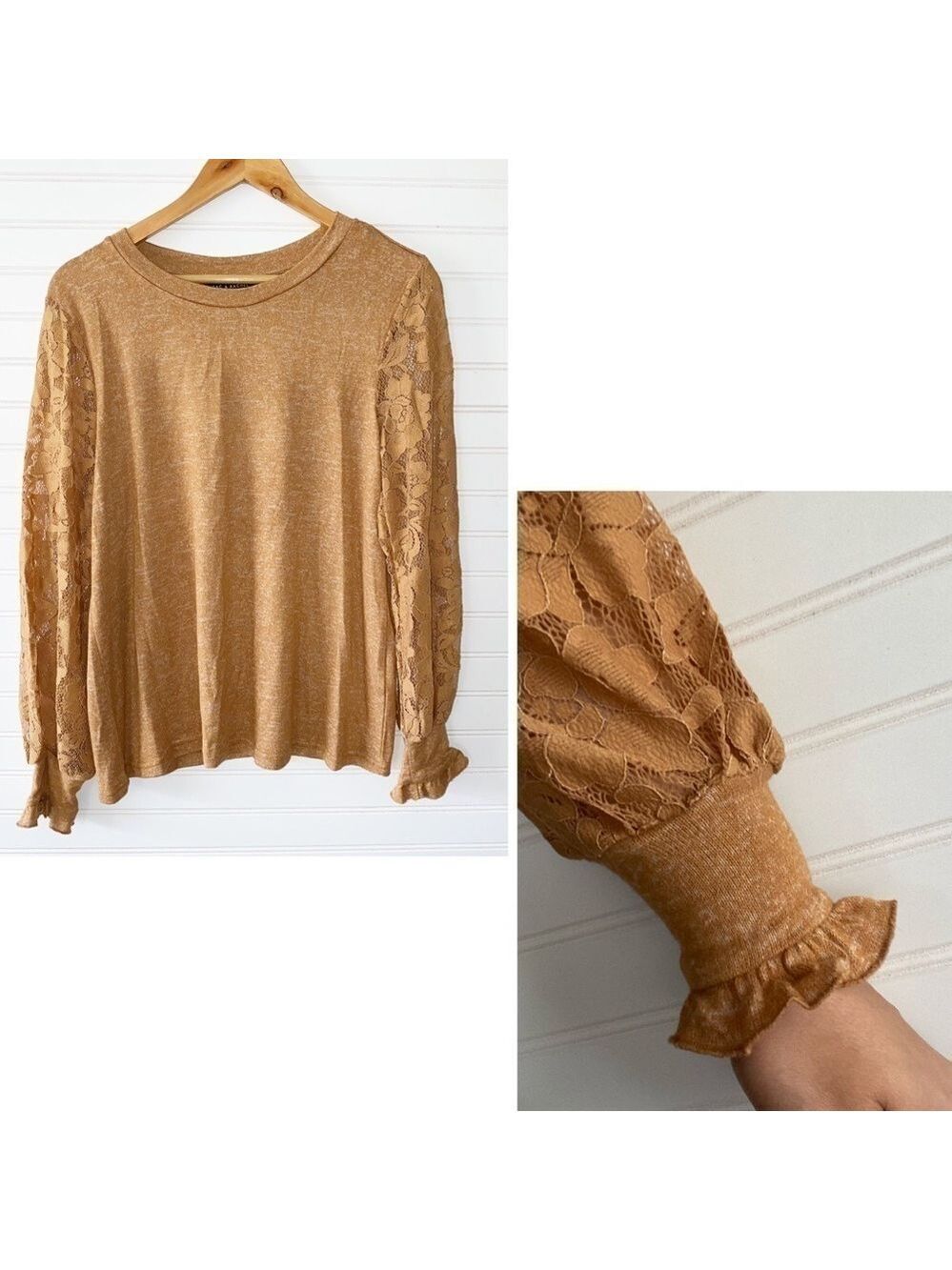 Zac & Rachel Top Medium Mustard Gold Lace Long Sleeve Ruffle Cuff Crew Neck‎